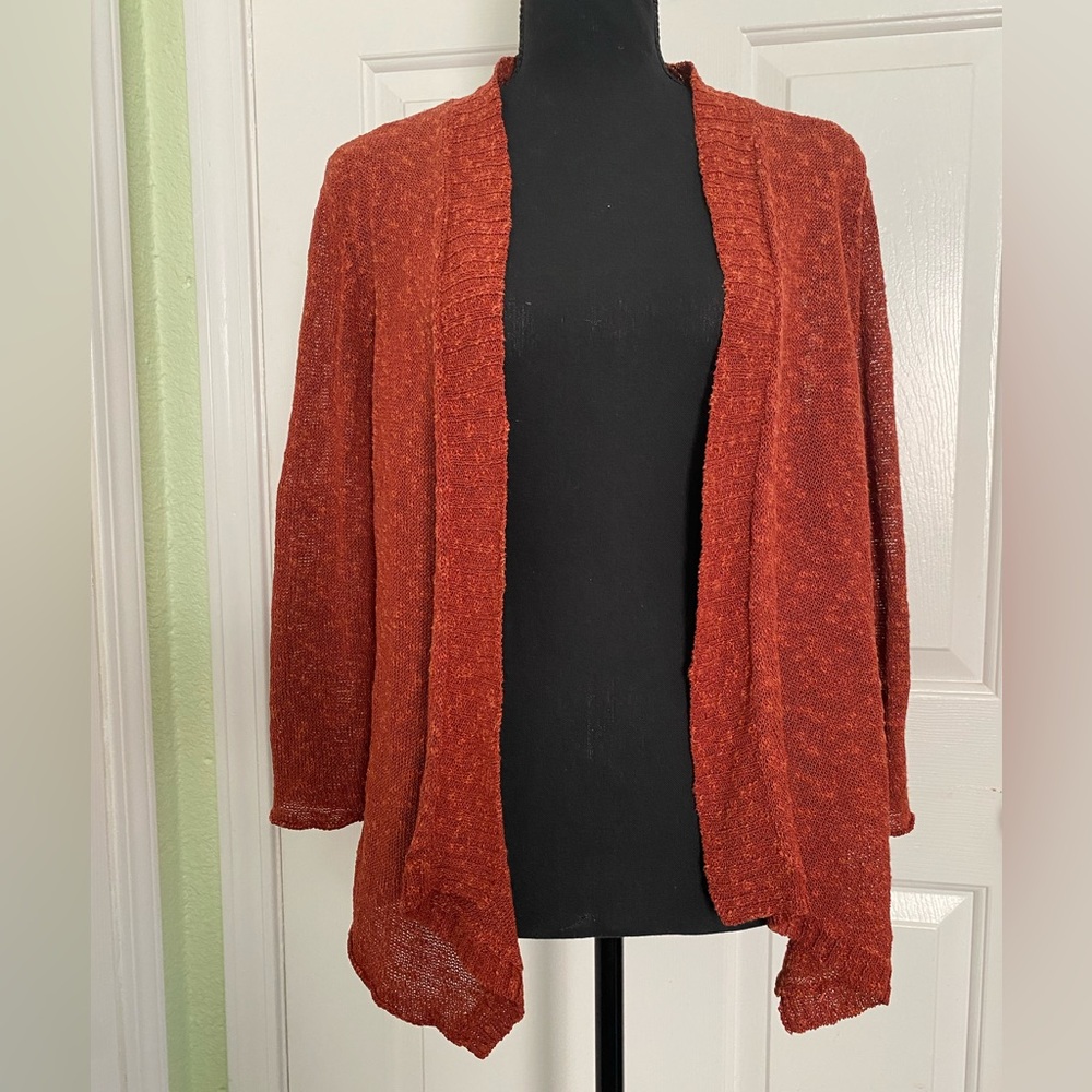 Eileen Fisher Burnt Rust Open-Front Linen Cotton Blend Cardigan Sweater Medium